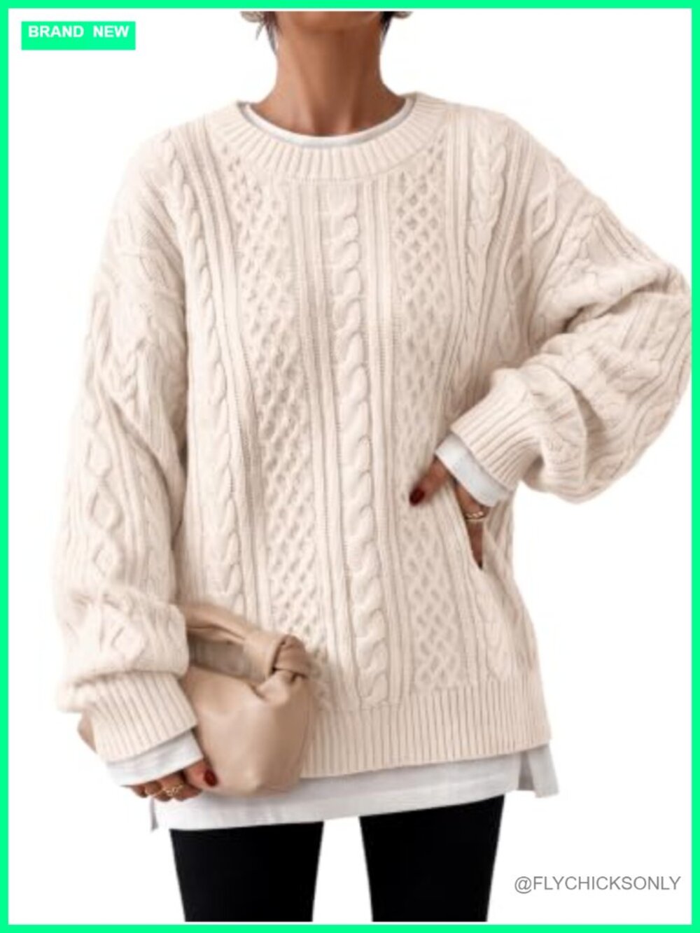 Oversized Cable Knit Chunky Cotton Blend Pullover Sweater Crew Neck